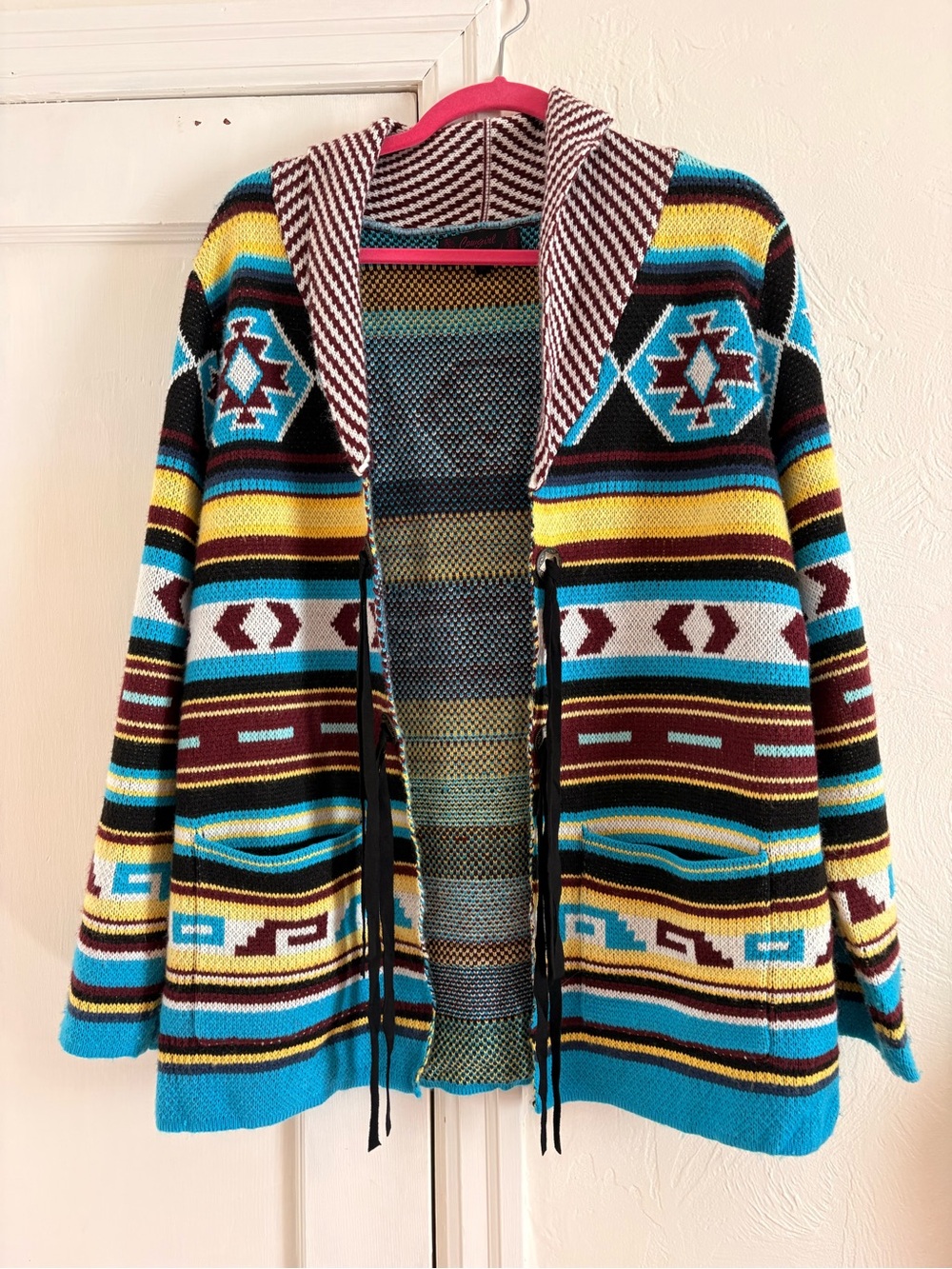Striped Aztec Open-Front Sweater Cardigan - Turquoise & Mustard